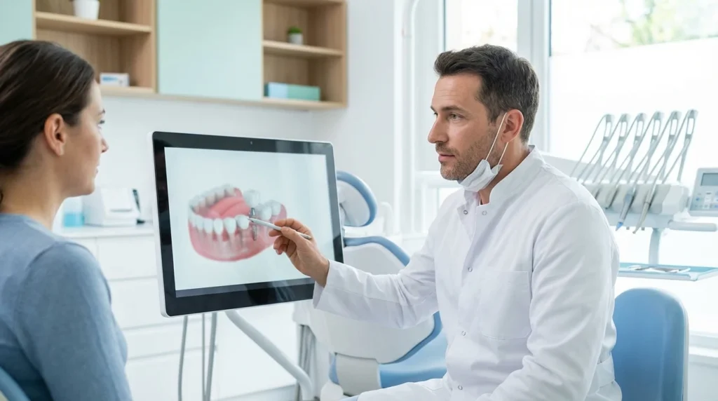 Dentista Explicando A Un Paciente Las Diferencias Entre Implante Dental Y Puente Fijo En Una Clinica Moderna