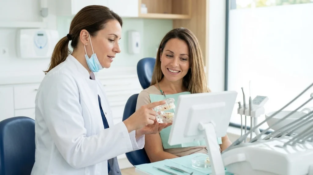 Dentista Explicando A Una Paciente Adulta La Frecuencia Recomendada De Las Limpiezas Dentales Profesionales En Una Clinica Moderna