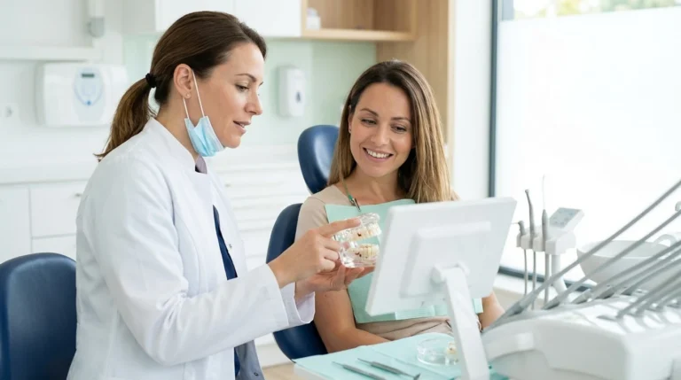 Dentista Explicando A Una Paciente Adulta La Frecuencia Recomendada De Las Limpiezas Dentales Profesionales En Una Clinica Moderna