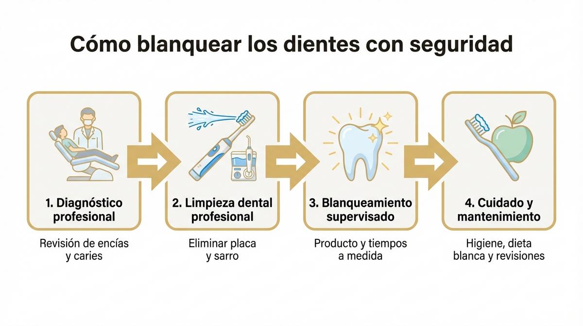 Diagrama con los pasos desde el diagnóstico hasta el mantenimiento para un blanqueamiento dental seguro