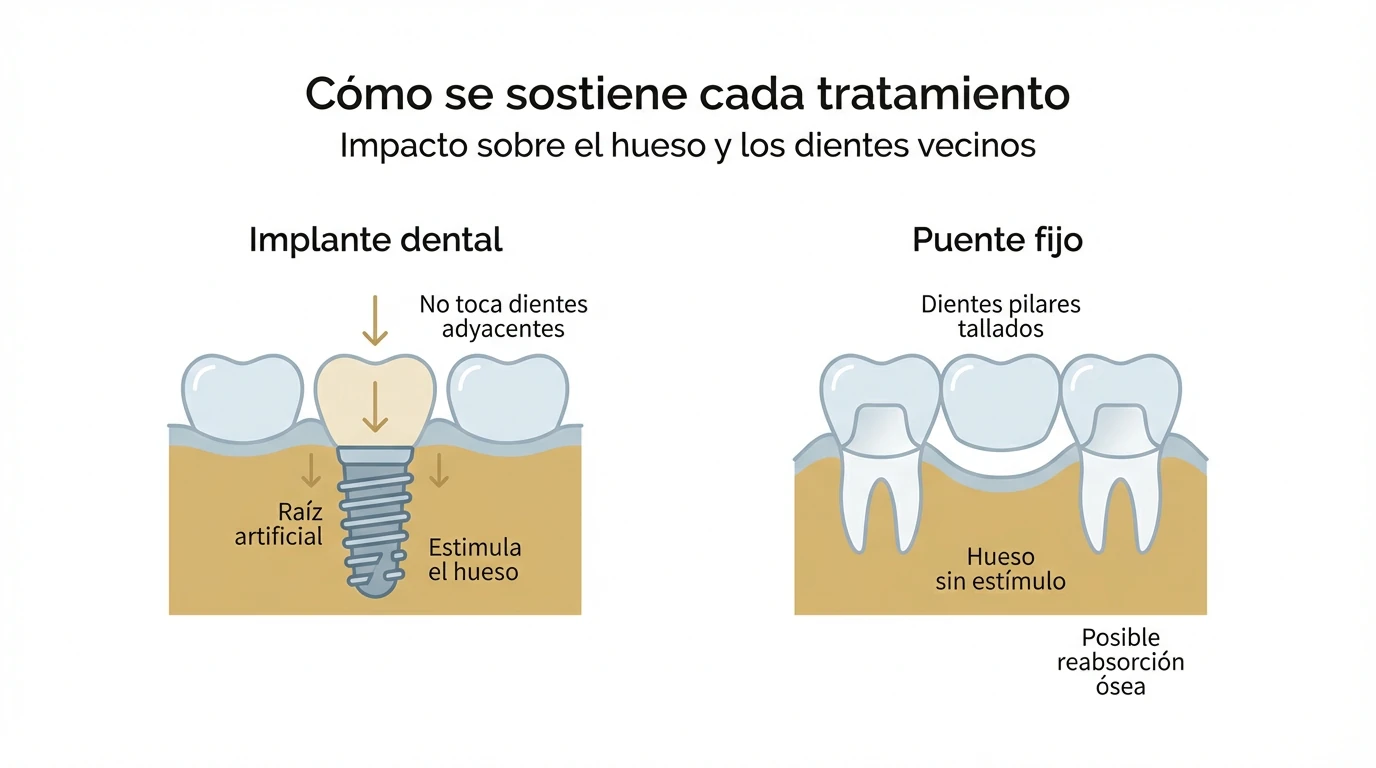 Diagrama esquemático que muestra cómo se sostiene un implante dental frente a un puente fijo sobre el hueso y los dientes vecinos