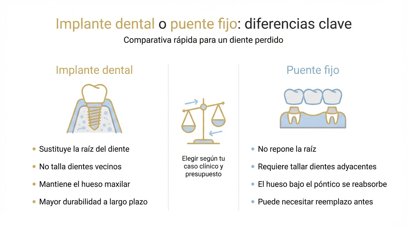 Infografía comparativa entre implante dental y puente fijo con sus diferencias principales