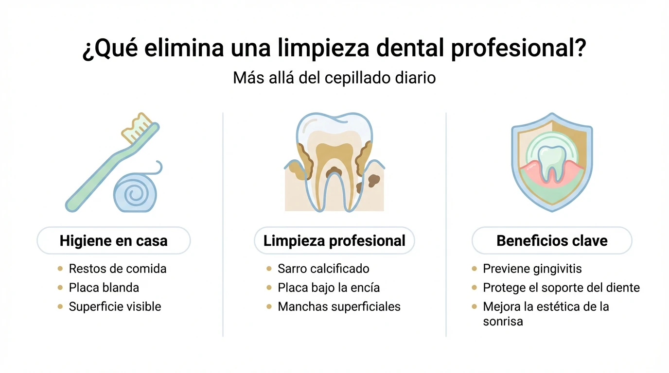 Infografía que compara lo que limpia la higiene diaria en casa con lo que elimina la limpieza dental profesional
