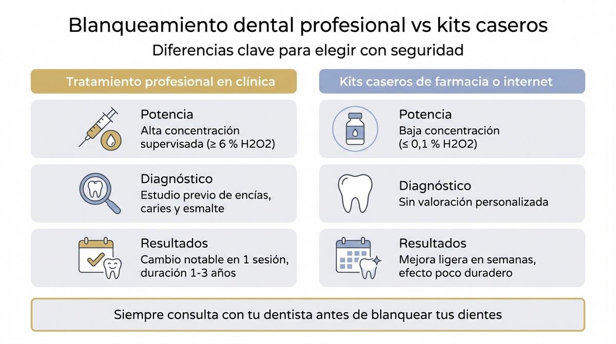 Infografía que compara el blanqueamiento dental profesional con los kits caseros en potencia, diagnóstico y resultados