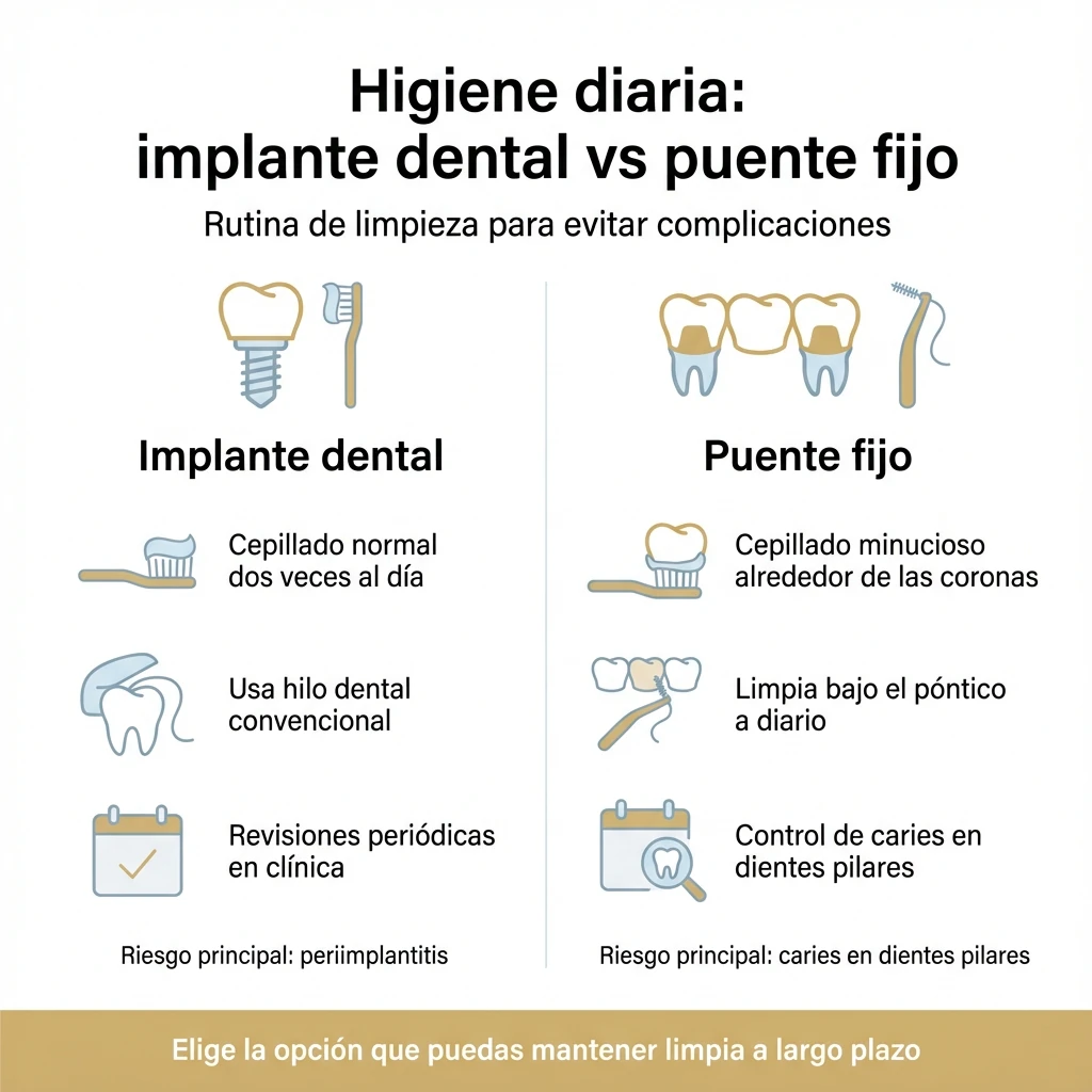 Infografía sobre la higiene diaria necesaria para un implante dental y para un puente fijo
