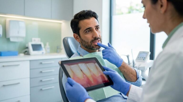Paciente Adulto En Sillon De Clinica Dental Mientras El Periodoncista Le Muestra Una Retraccion De Encias En Un Diente Frontal