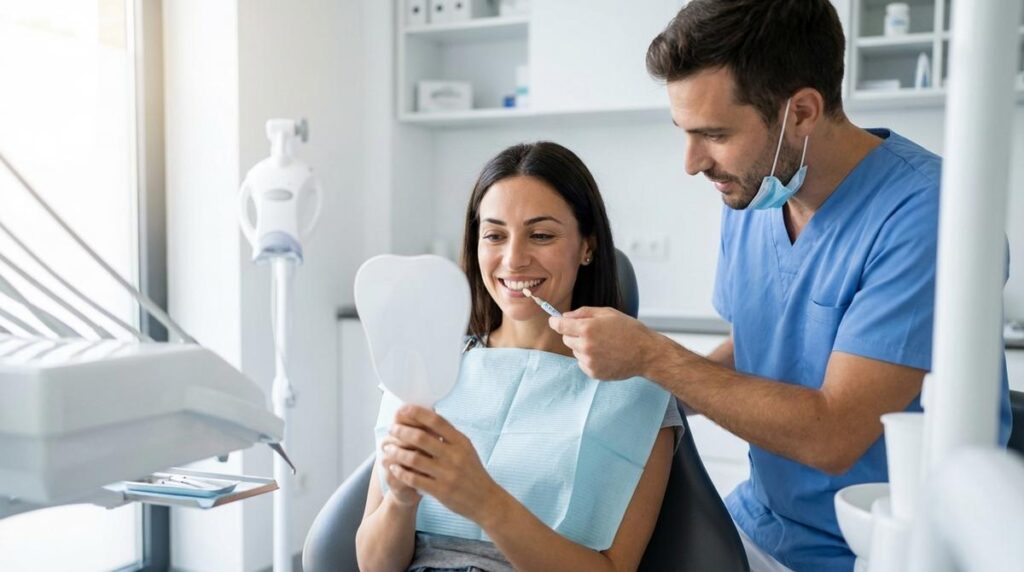 Paciente Sonriente Revisando El Color De Sus Dientes Con Un Espejo Junto A Su Dentista En Una Clinica Dental Moderna