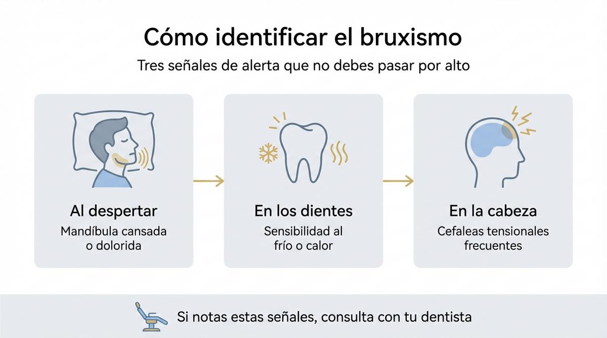 Diagrama con tres señales de alerta para identificar el bruxismo: mandíbula cansada, sensibilidad dental y cefaleas tensionales