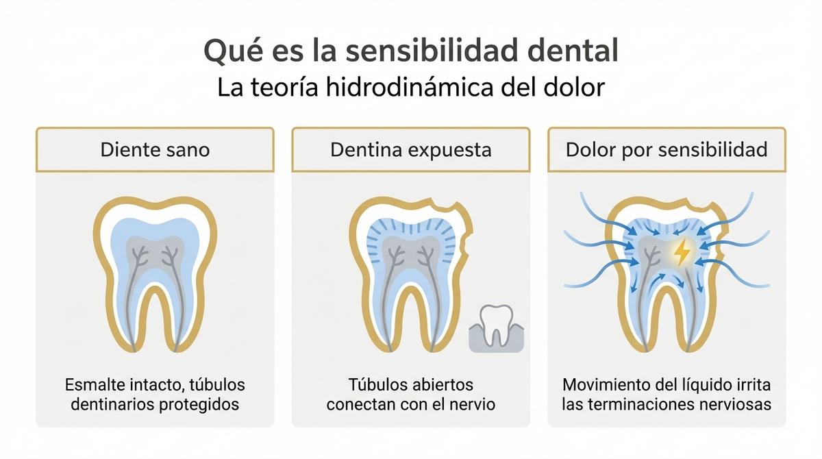 Diagrama de un diente sano frente a un diente con dentina expuesta que muestra cómo se produce la sensibilidad dental.