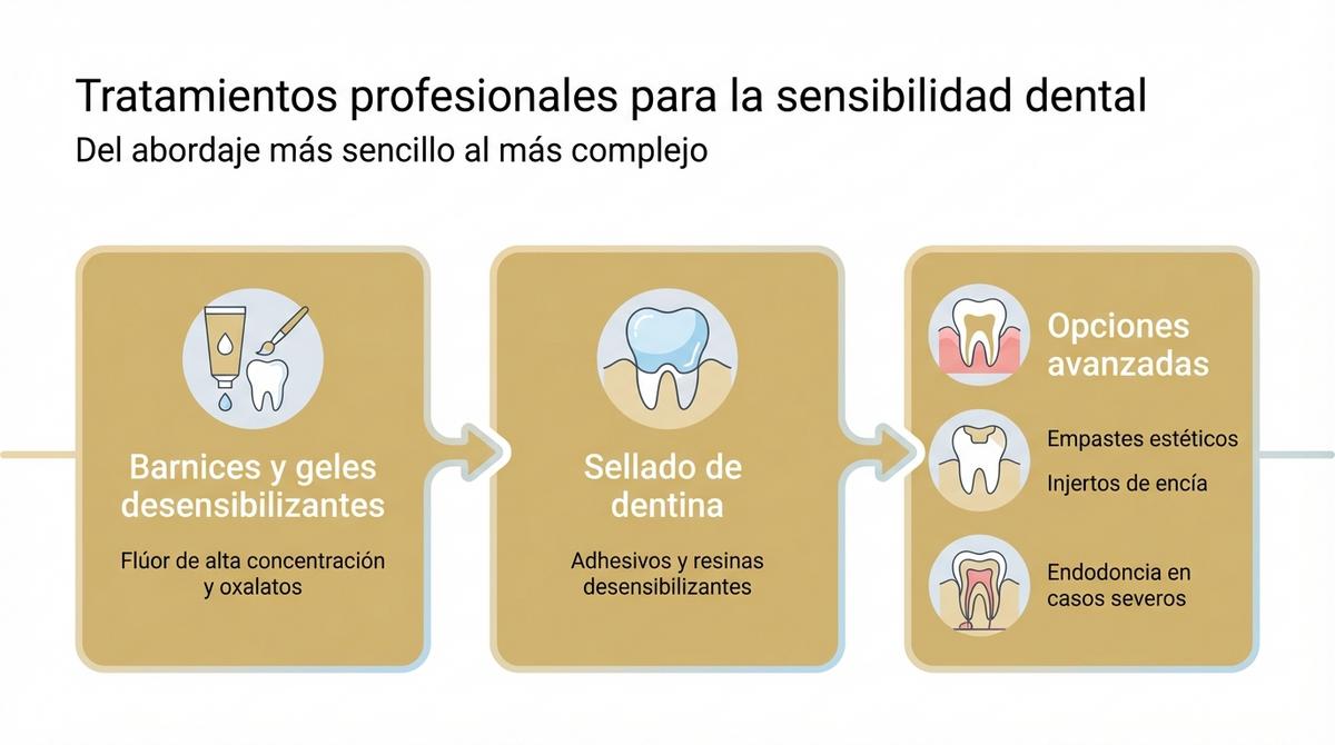 Diagrama que organiza los tratamientos profesionales para la sensibilidad dental según su complejidad.