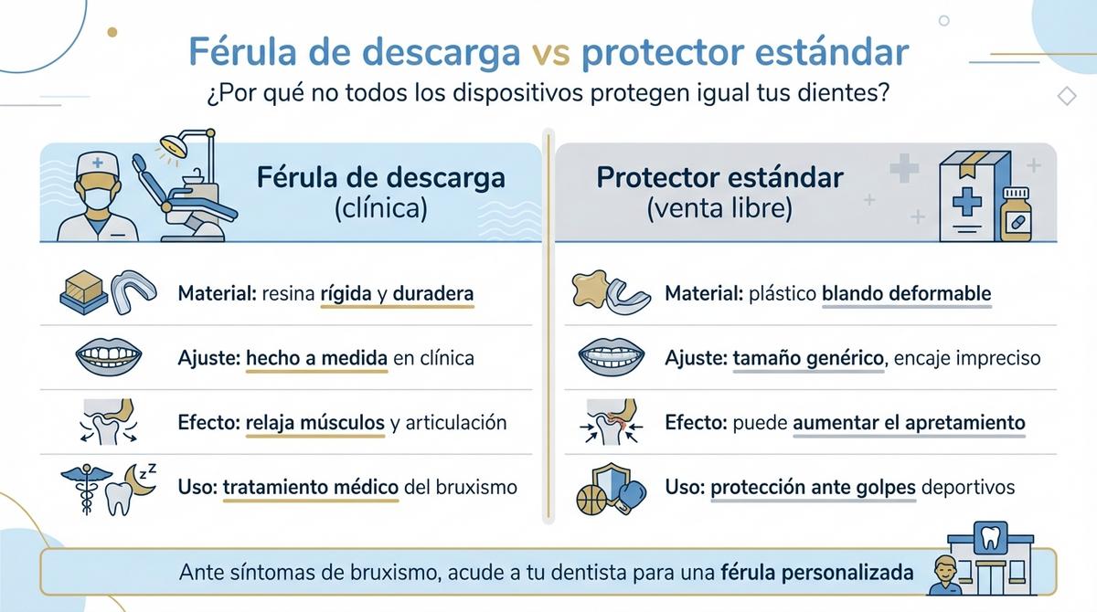 Infografía comparativa entre una férula de descarga clínica y un protector bucal estándar para el bruxismo