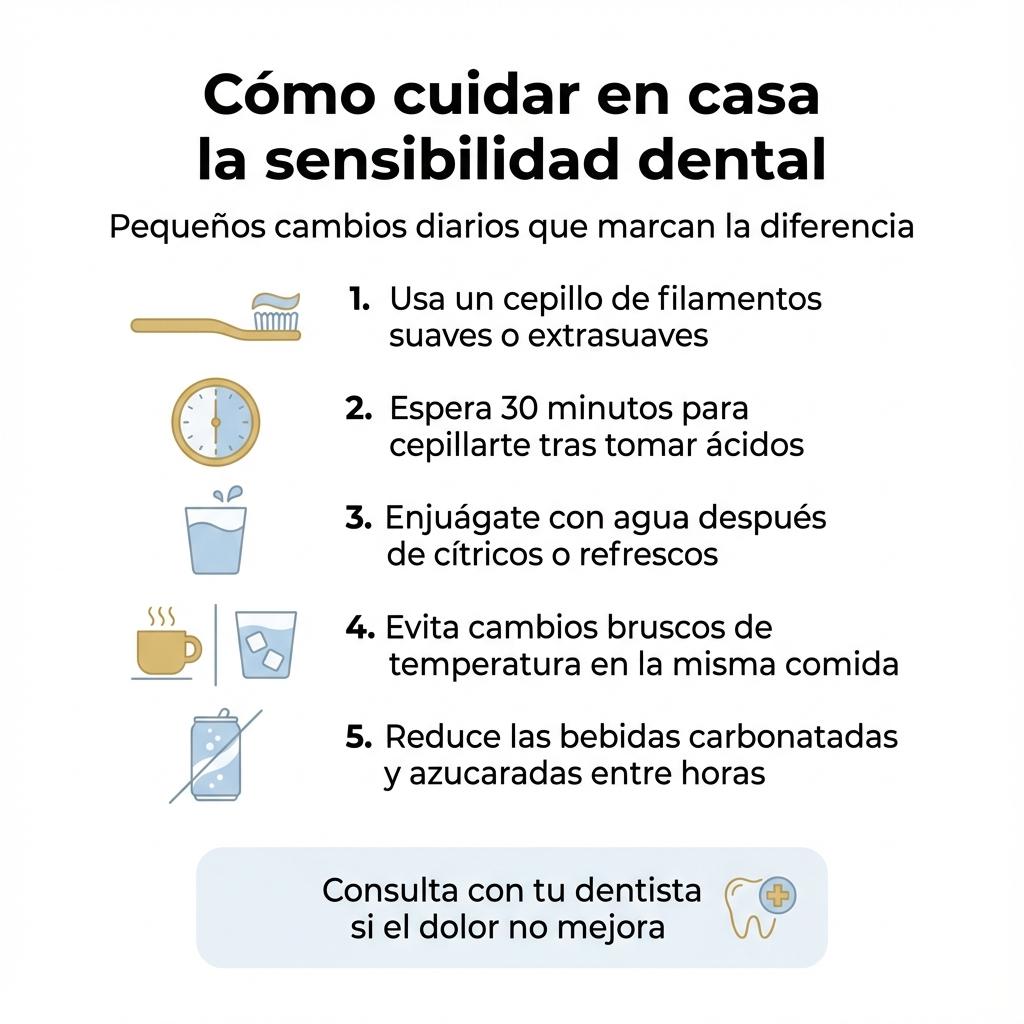 Infografía con checklist de recomendaciones para cuidar la sensibilidad dental en casa.