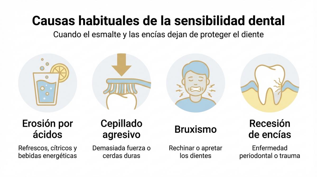Infografía con iconos que resumen las causas más habituales de la sensibilidad dental.