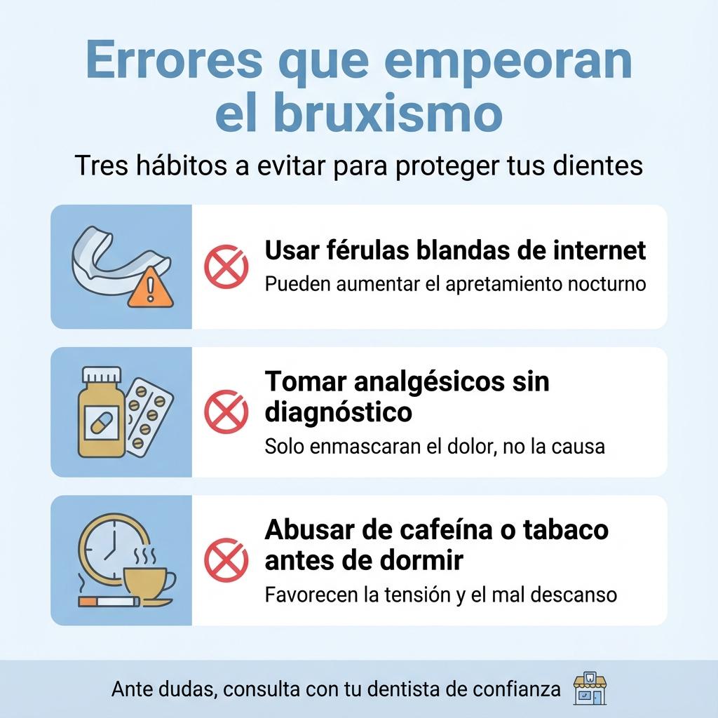 Infografía con una lista de errores habituales que empeoran el bruxismo y deben evitarse