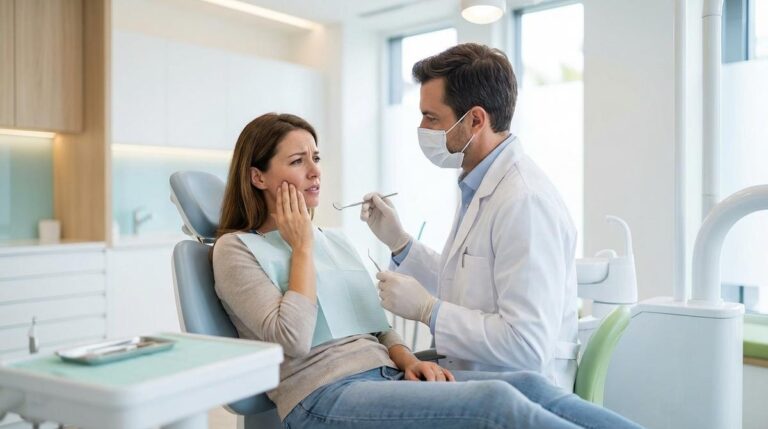 Mujer En El Sillon De Una Clinica Dental Tocandose La Mejilla Mientras El Odontologo Revisa Sus Dientes