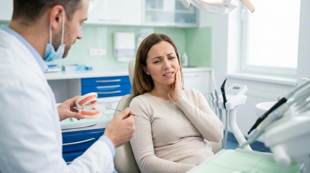 Paciente En Sillon Dental Comentando Con Su Dentista Molestias De Mandibula En Una Clinica Moderna Y Luminosa