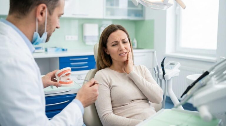 Paciente En Sillon Dental Comentando Con Su Dentista Molestias De Mandibula En Una Clinica Moderna Y Luminosa