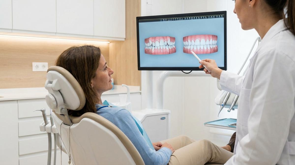 Dentista mostrando a un paciente una simulación digital del antes y después de un tratamiento de ortodoncia en una pantalla.
