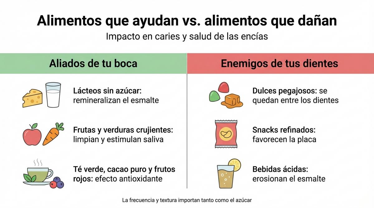 Diagrama con un ejemplo de menú diario pensado para proteger dientes y encías.