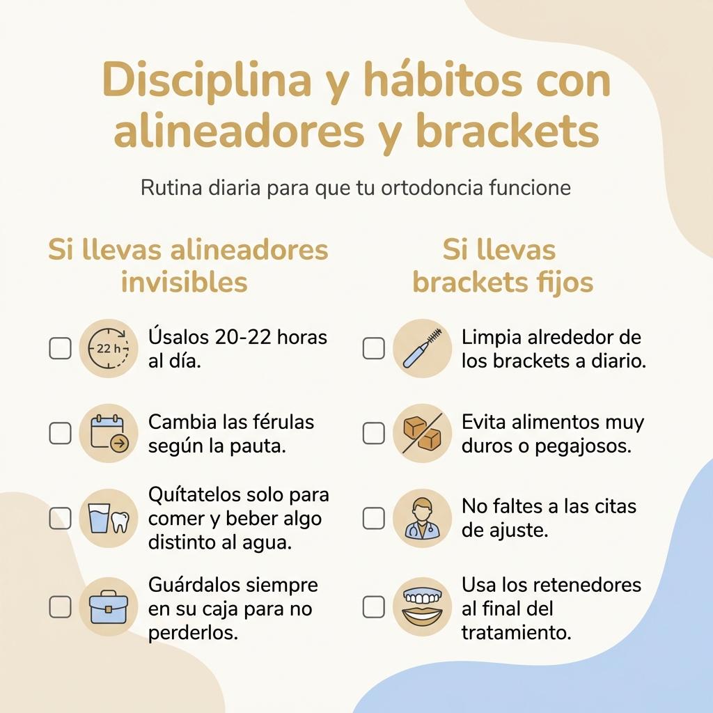 Diagrama tipo checklist con recomendaciones de disciplina e higiene para tratamientos de ortodoncia con alineadores y brackets.