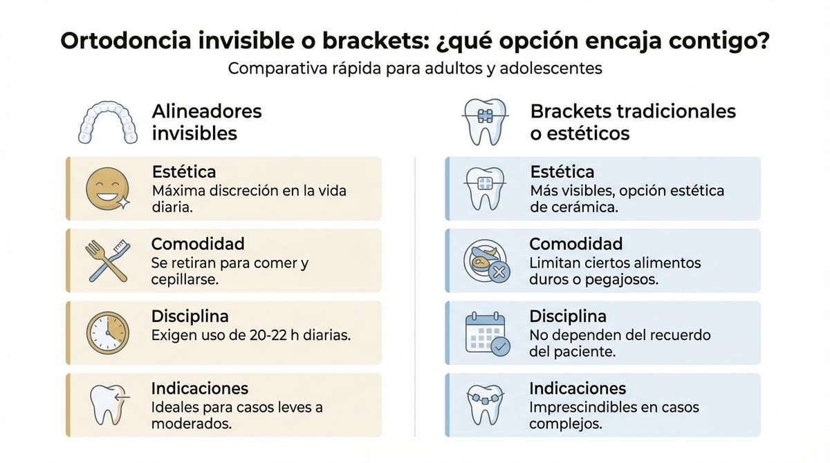 Infografía comparativa entre alineadores invisibles y brackets con ventajas clave de cada tratamiento.