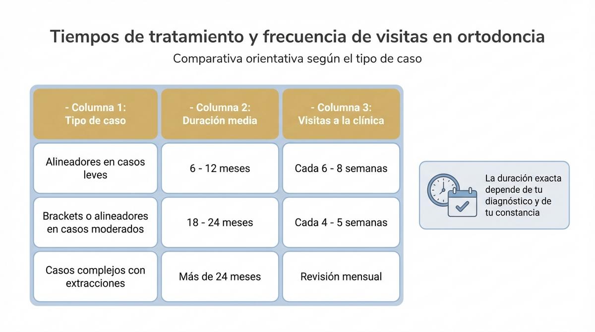 Infografía con tabla de duración media y frecuencia de visitas en diferentes tipos de tratamientos de ortodoncia.