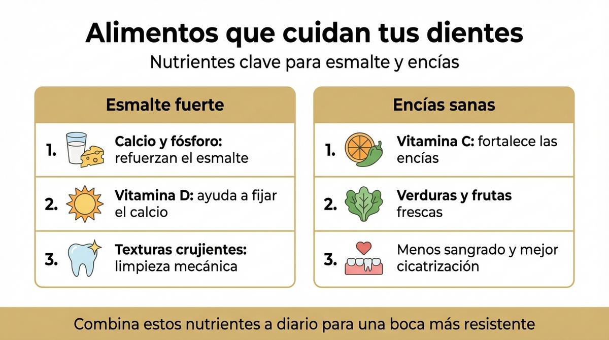 Infografía que compara alimentos protectores con alimentos que favorecen caries y problemas de encías.