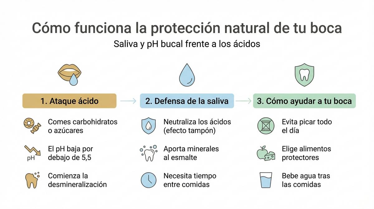 Infografía que resume los nutrientes y alimentos beneficiosos para el esmalte dental y las encías.