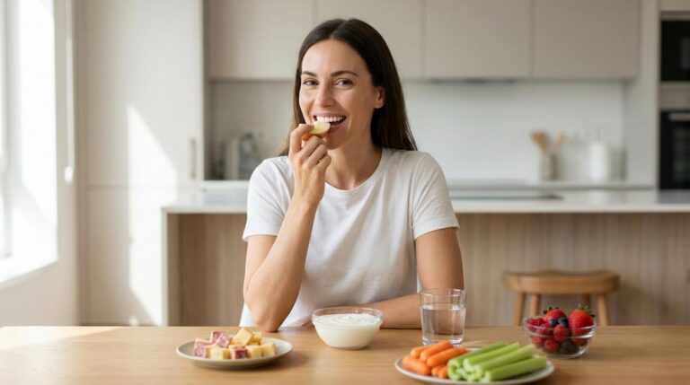 Mujer Joven Sonriendo Mientras Come Manzana En Una Mesa Con Lacteos Verduras Crujientes Y Agua