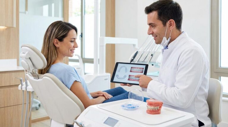 Paciente Adulta Hablando Con Su Ortodoncista En Una Clinica Dental Moderna Mientras Comparan Alineadores Invisibles Y Brackets Sobre Modelos Dentales