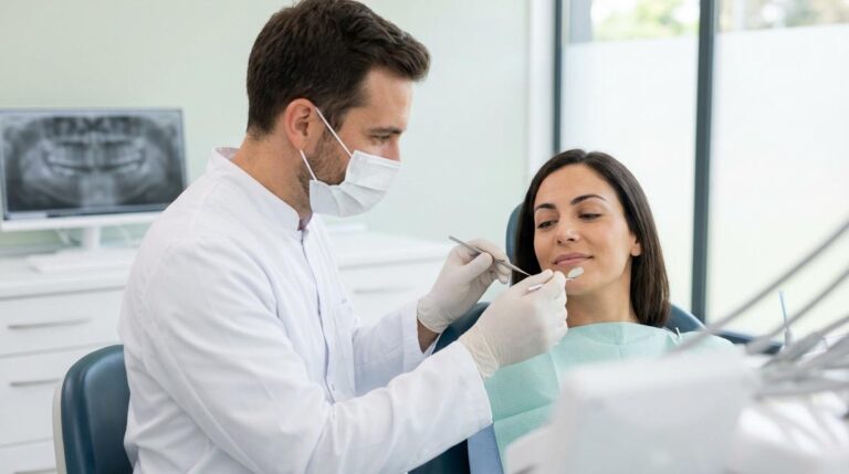 Dentista Revisando Con Una Sonda Y Un Espejo La Muela De Una Paciente En Un Sillon Dental Moderno