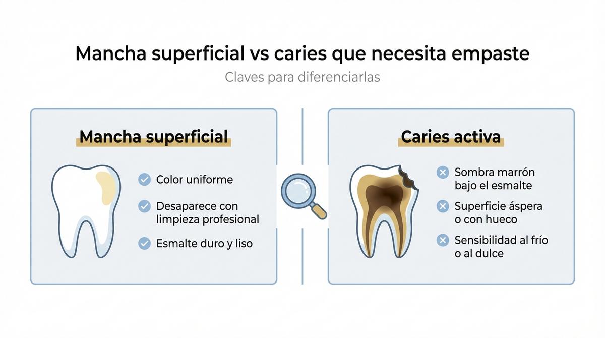Diagrama comparativo entre mancha dental superficial y caries activa que requiere empaste