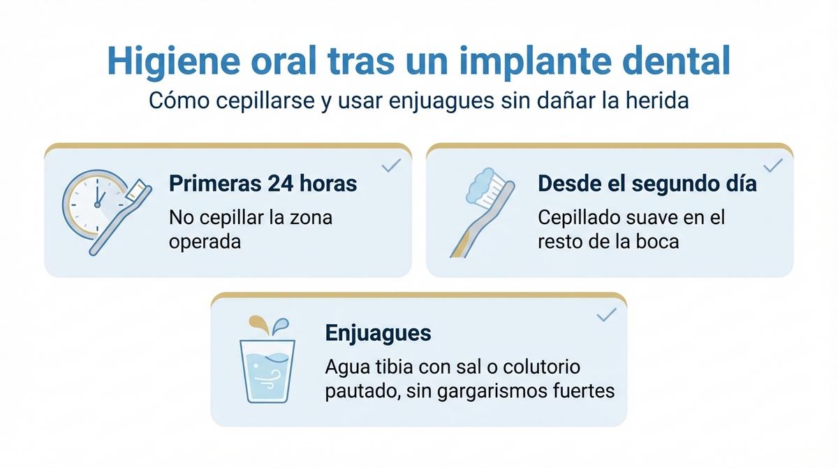 Diagrama tipo checklist con tres pasos básicos para la higiene oral después de un implante dental, diferenciando primeras horas, días siguientes y uso de enjuagues.