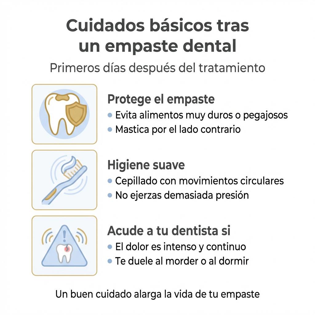 Infografía con recomendaciones de cuidado tras un empaste dental durante los primeros días