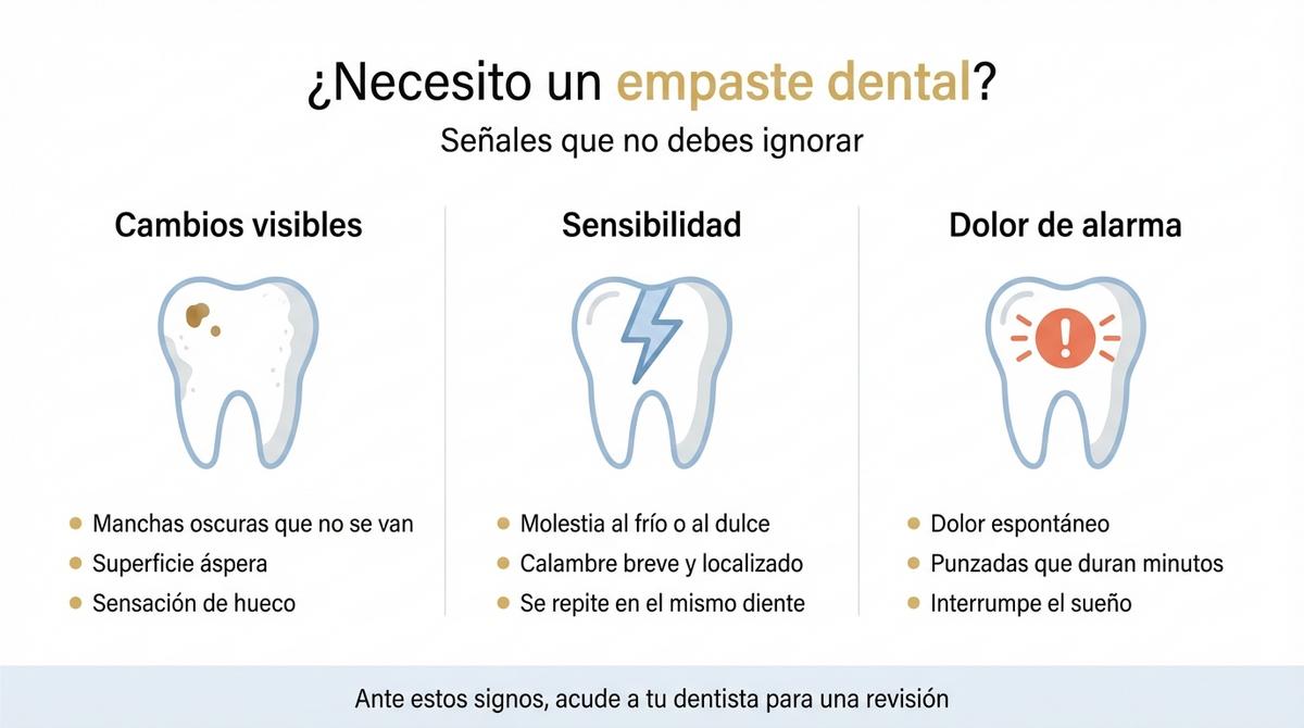 Infografía con señales visuales y de dolor que ayudan a detectar si un diente puede necesitar empaste