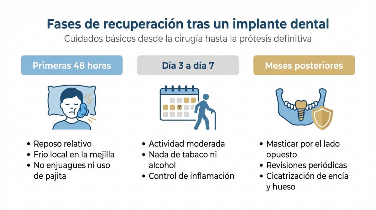 Infografía con tres columnas que resume las fases de recuperación y cuidados tras un implante dental desde las primeras horas hasta los meses posteriores.