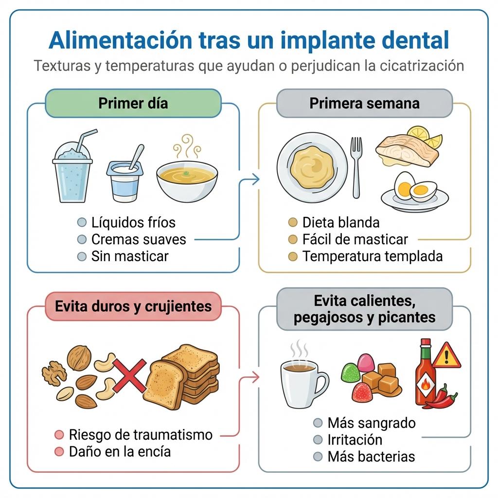 Infografía que clasifica los alimentos recomendados y los que se deben evitar después de colocar un implante dental según su textura y temperatura.