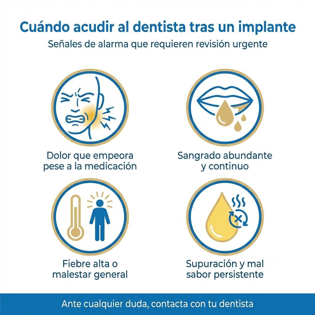 Infografía que muestra cuatro síntomas de alarma tras un implante dental en los que se recomienda acudir de inmediato al dentista.