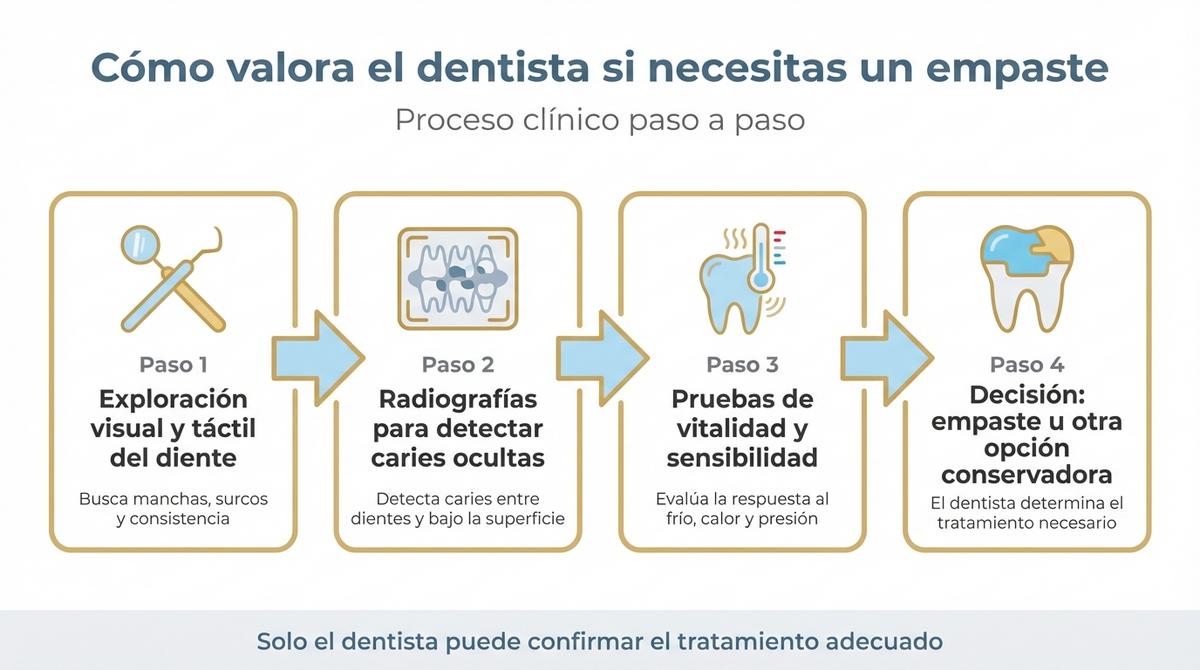 Infografía que muestra los pasos clínicos que sigue el dentista para decidir si es necesario un empaste