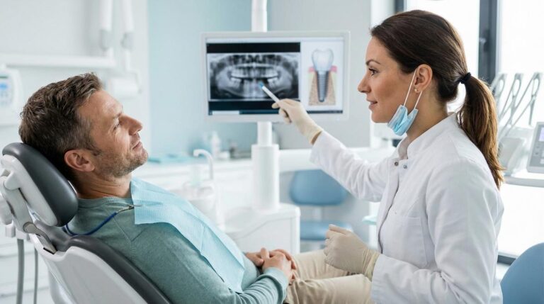 Odontologa Explicando A Un Paciente En El Sillon Dental Los Cuidados Despues De Colocar Un Implante Mientras Revisan Una Radiografia En Pantalla
