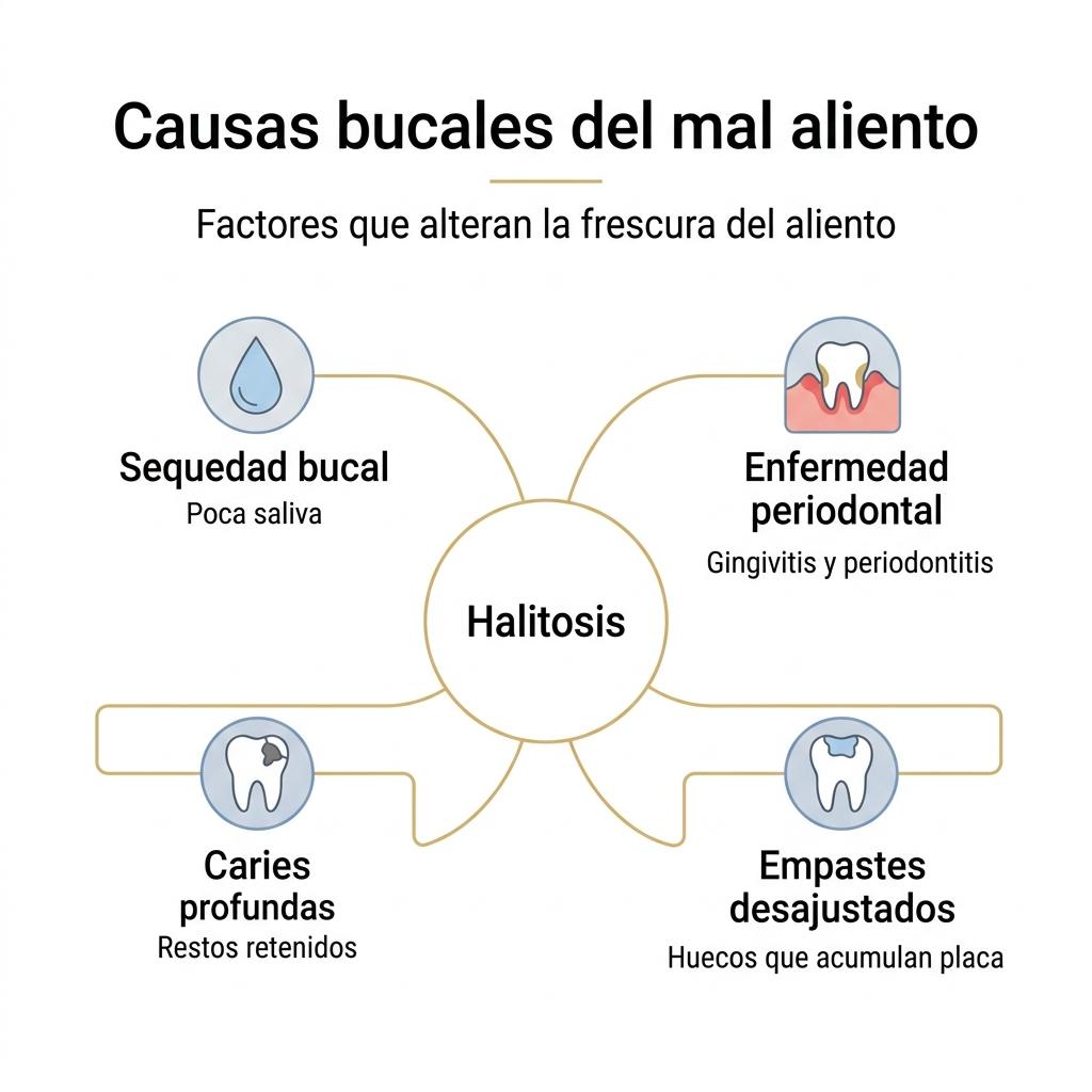 Diagrama que muestra las principales causas bucales de la halitosis.