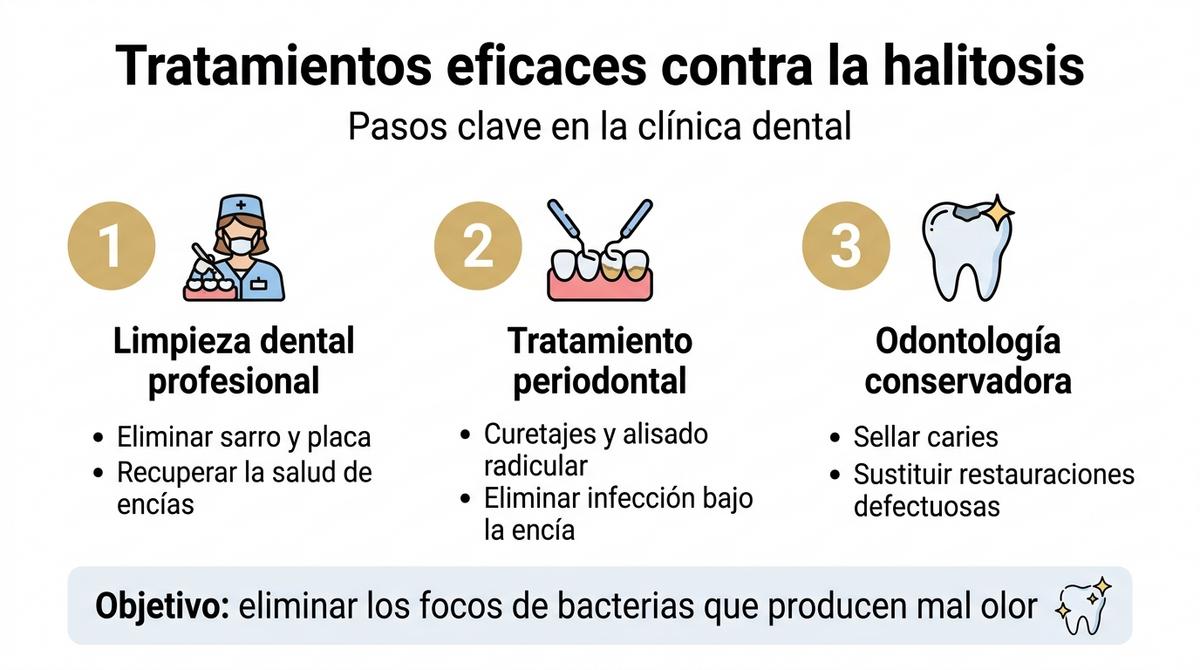 Infografía con los pasos principales del tratamiento dental para eliminar la halitosis.