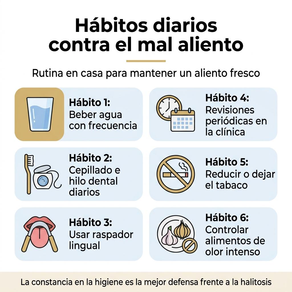 Infografía con una lista de hábitos diarios para prevenir el mal aliento.