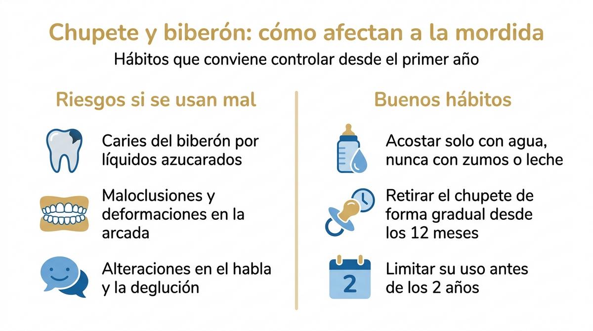 Infografía que compara los riesgos y buenos hábitos en el uso del chupete y el biberón para la mordida infantil