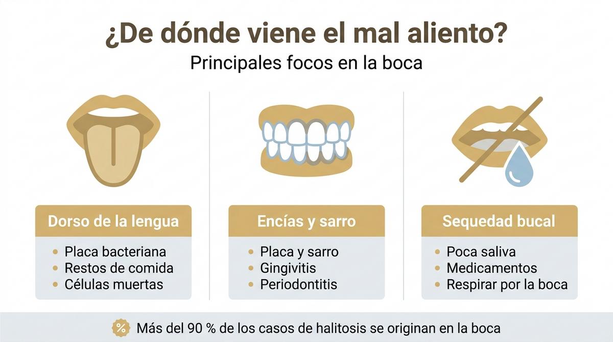 Infografía que explica los principales focos bucales de origen del mal aliento.