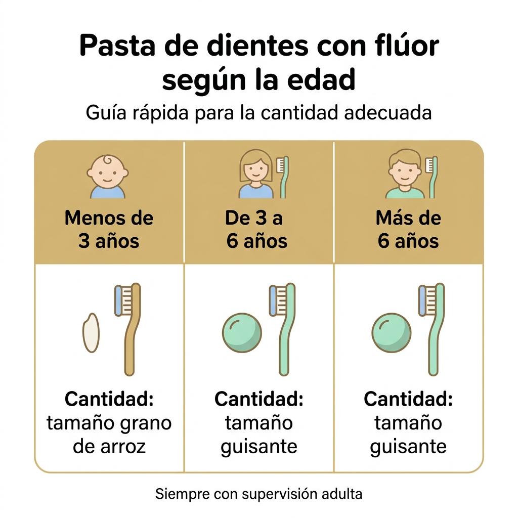 Infografía que muestra la cantidad de pasta de dientes recomendada para niños según su edad