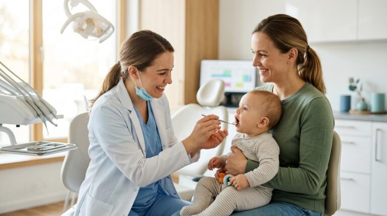 Odontopediatra Revisando Por Primera Vez La Boca De Un Bebe En El Regazo De Su Madre En Una Clinica Dental Luminosa