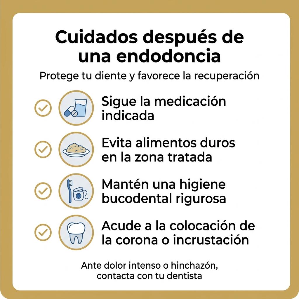 Checklist visual con los cuidados recomendados tras un tratamiento de endodoncia.