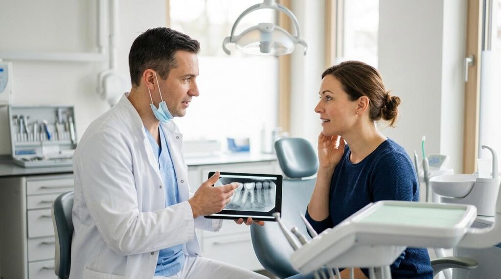 Dentista Explica A Una Paciente El Tratamiento De Endodoncia Mostrando Un Modelo Dental En Una Clinica Moderna