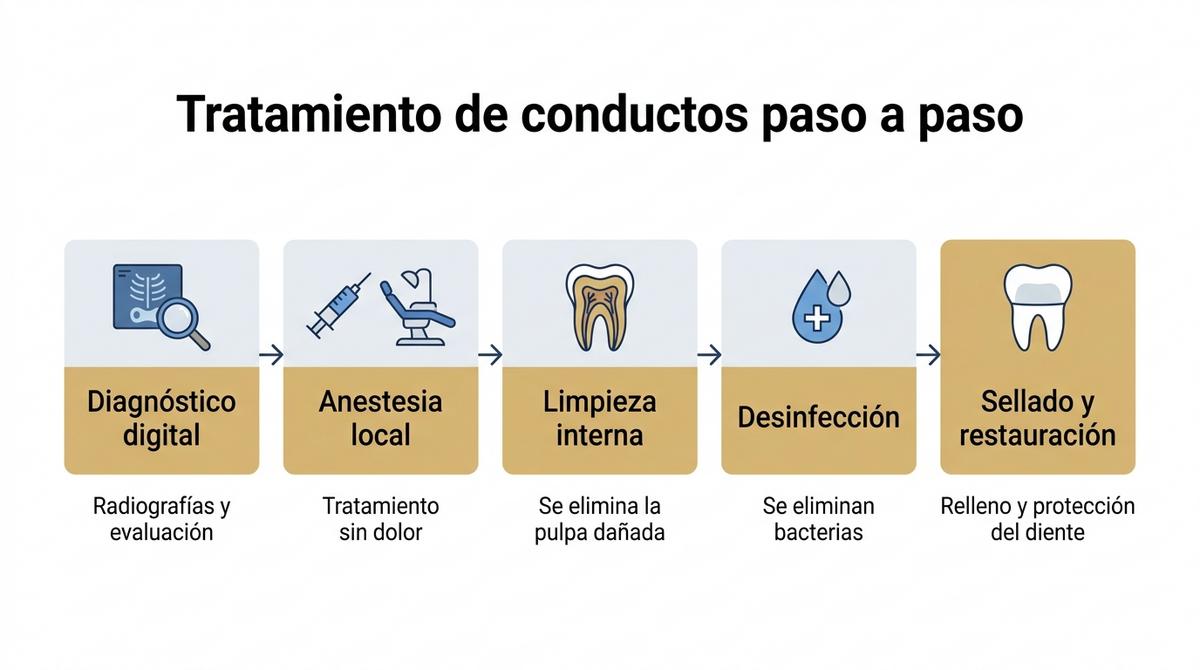 Diagrama de los pasos principales del tratamiento de conductos en endodoncia.